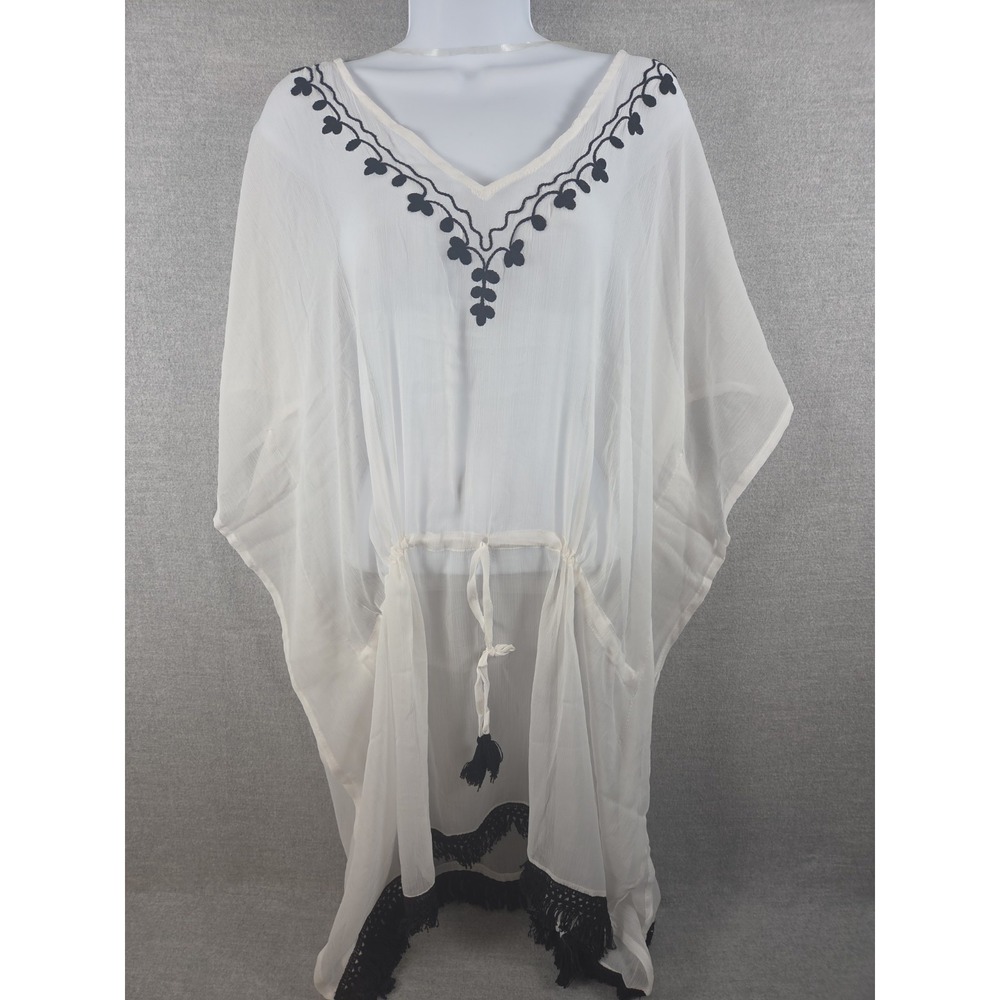 Cruise Club Embroidered Beach Swim Cover Up Drawstring Black White‎ One Size NEW